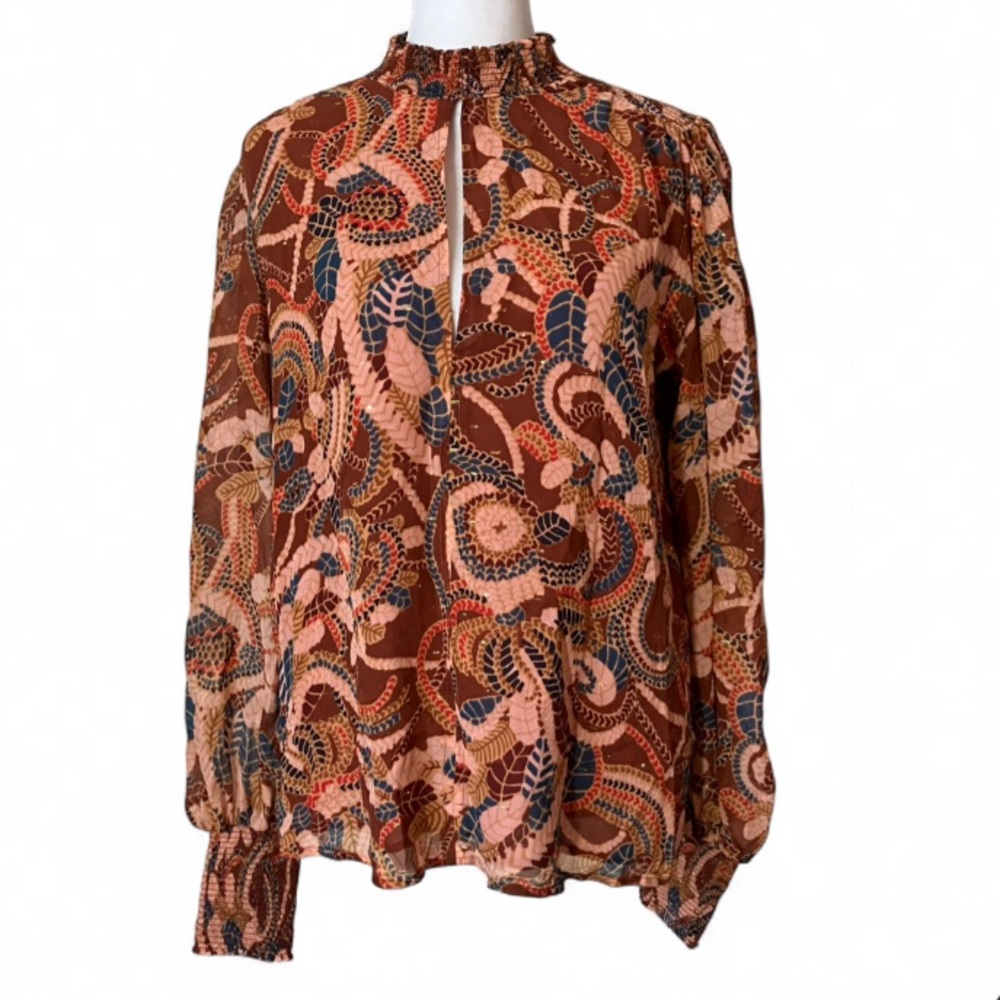 A.L.C. Silk Chiffon Metallic Thread Ginger Botanical Print Keyhole Blouse size 6 - Picture 3 of 10